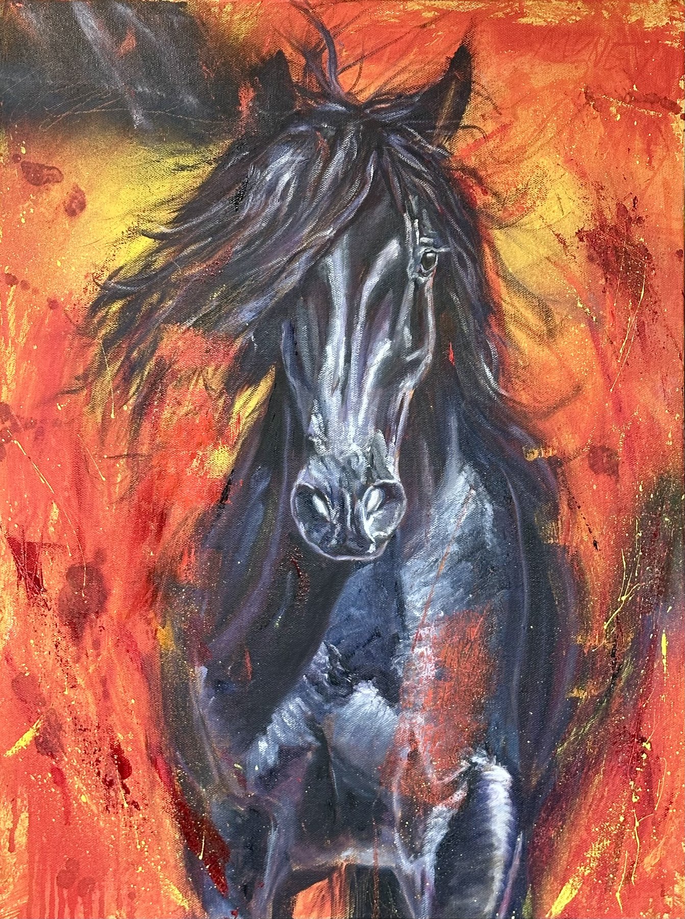 FUEGO (Fire) — Mixed-media background; horse painted in oil