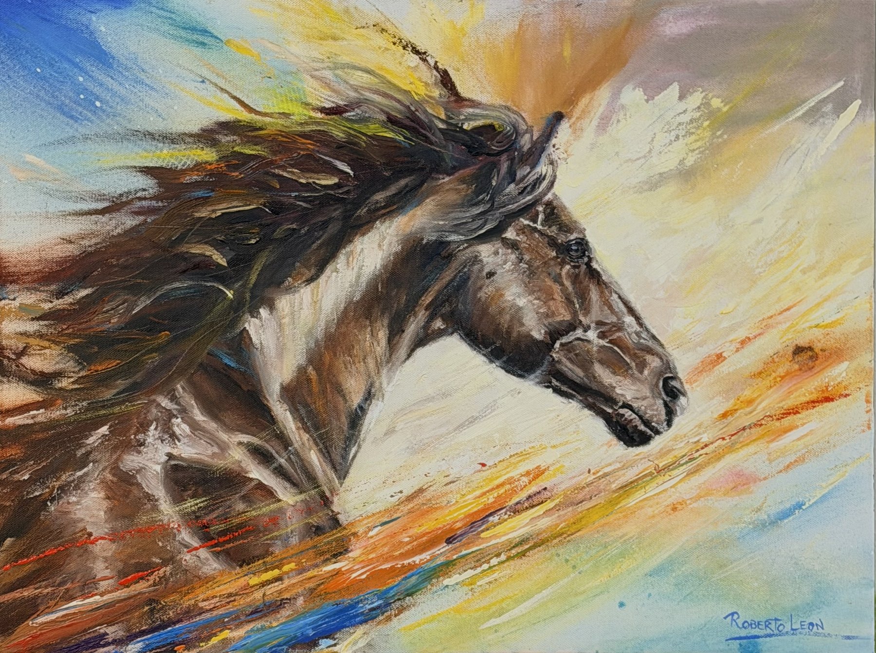 ESTRELLA — Mixed-media background with the horse and final layer in oil paint